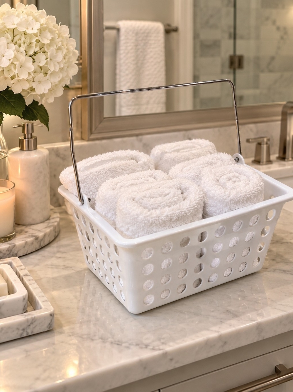 White Bathroom Storage Basket with Handle